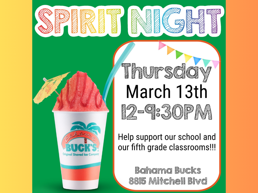 Spirit Night at Bahama Bucks March 13th 12-9:30pm